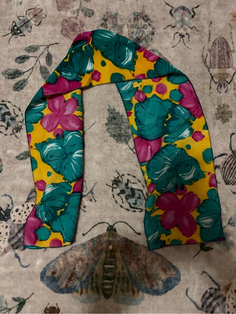 Vintage 80s 90s Yellow Pink Teal Floral Satin Skinny Scarf Ribbon